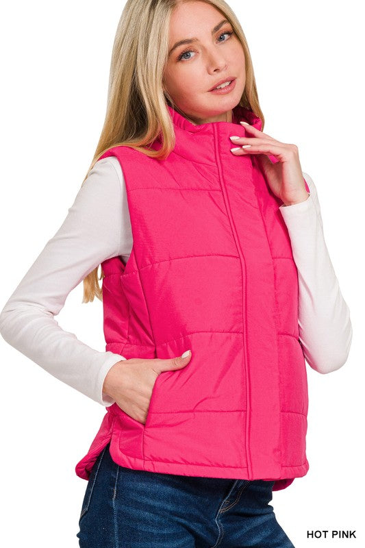 Zenana Long Puff Vest in Hot Pink