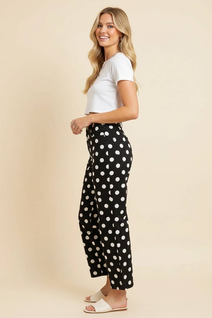 Polka Dot High Rise Straight Leg Pants: Black/White