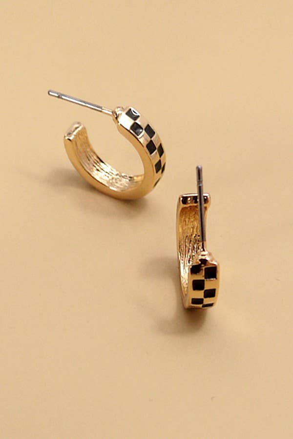 MINI CHECKER HOOP HUGGIE EARRINGS Black and Gold