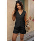 Button Down Pleated Linen High Waisted Sets: BLACK