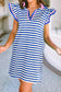 LDC Stripe Print Contrast Collar Split Neck Short Dress: Dark Blue / M