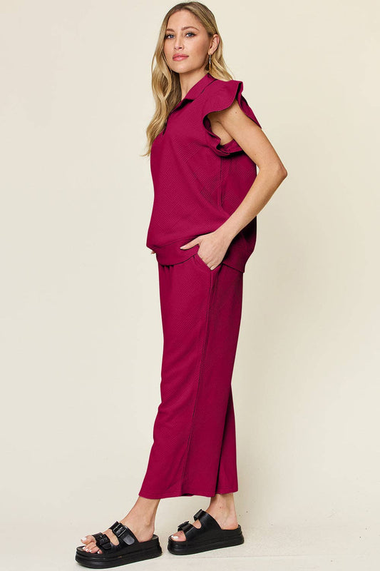 Double Take Texture Ruffle Short Sleeve Top and Drawstring Wide Leg Pants Set: Deep Rose