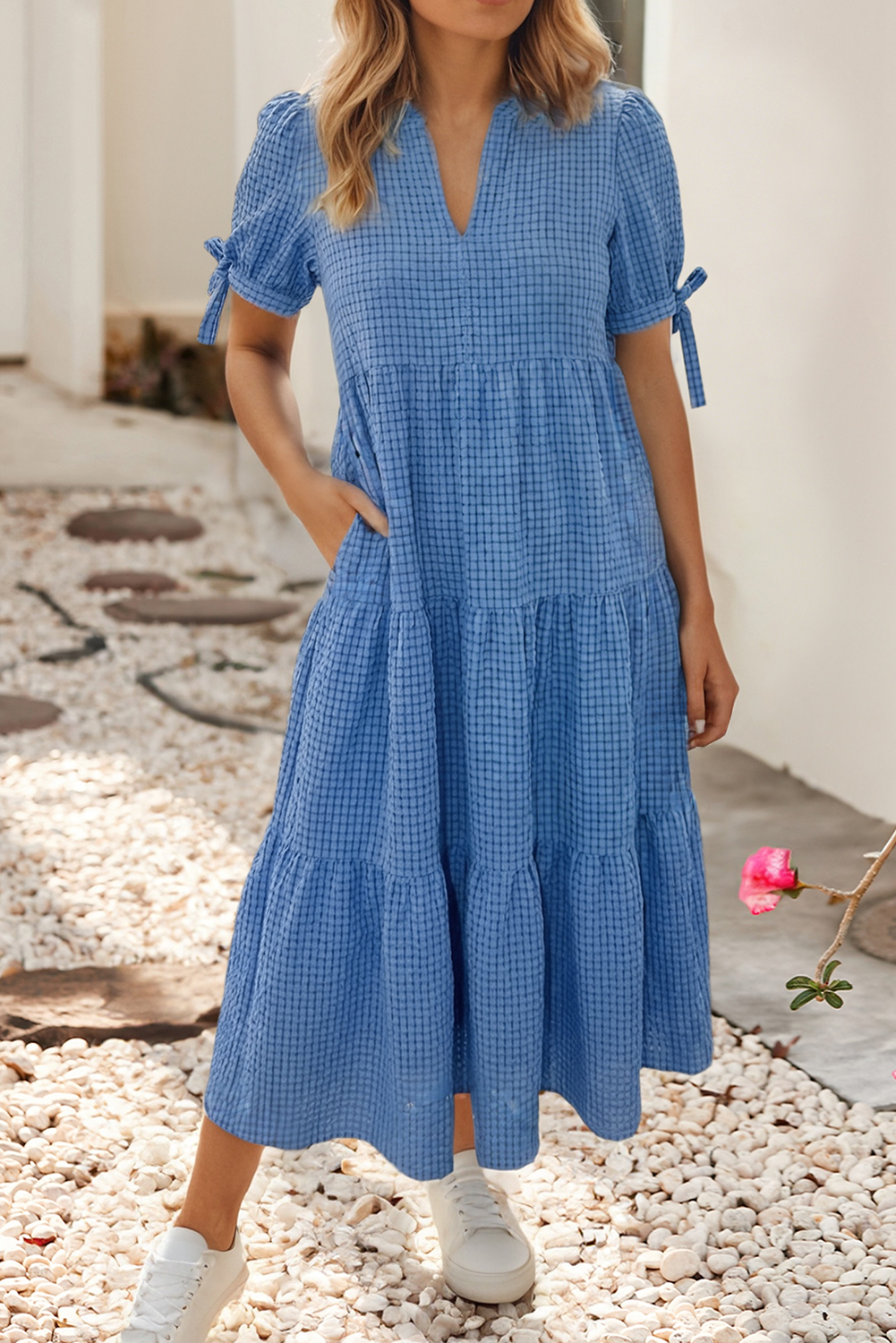 LDC Gingham Textured Bow Tie Short Sleeve Tiered Midi Dress: Dusk Blue
