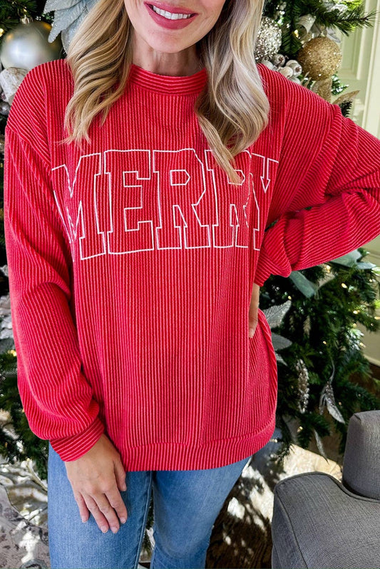 Twisted Rib Outlined Merry Letter Graphic christmas Top