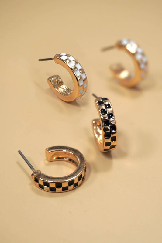 MINI CHECKER HOOP HUGGIE EARRINGS Black and Gold
