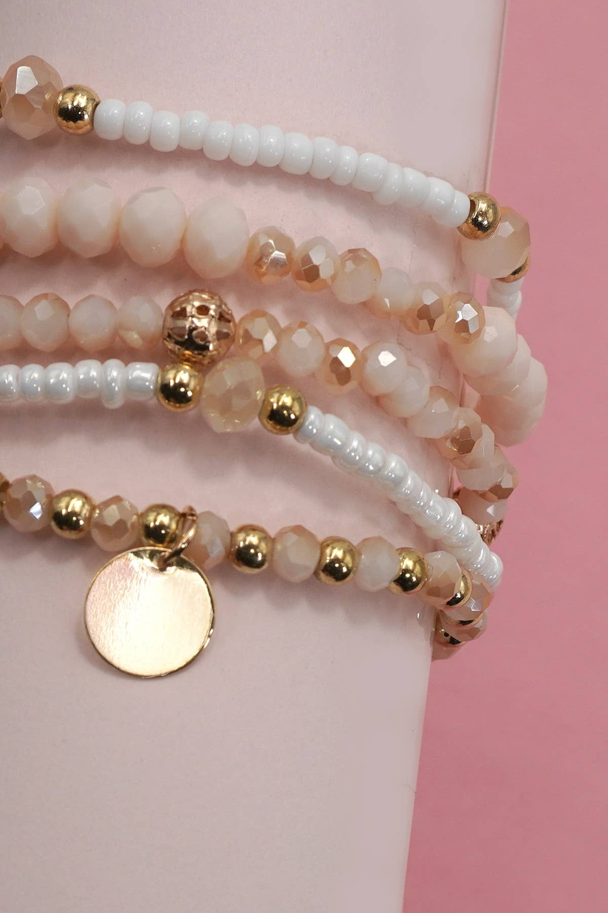 MULTILAYER BEADED CHAIN DISC CHARM BRACELET |