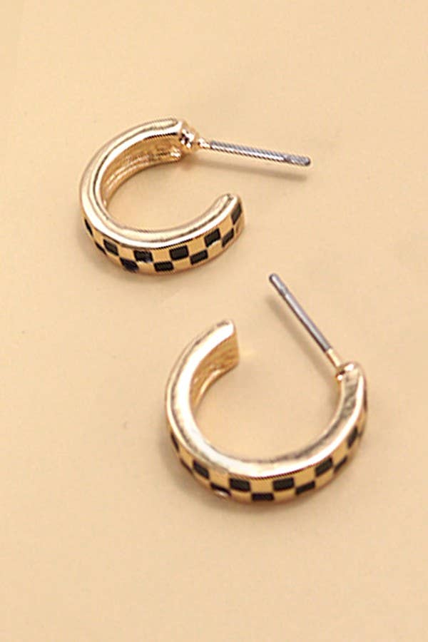 MINI CHECKER HOOP HUGGIE EARRINGS Black and Gold