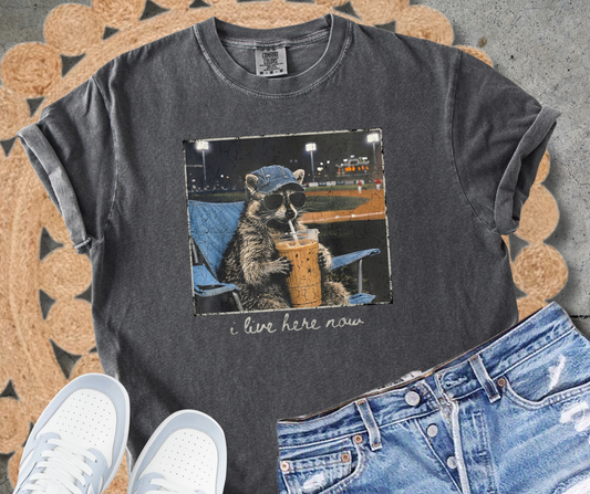 Racoon Ballpark I live here now Pepper Tee