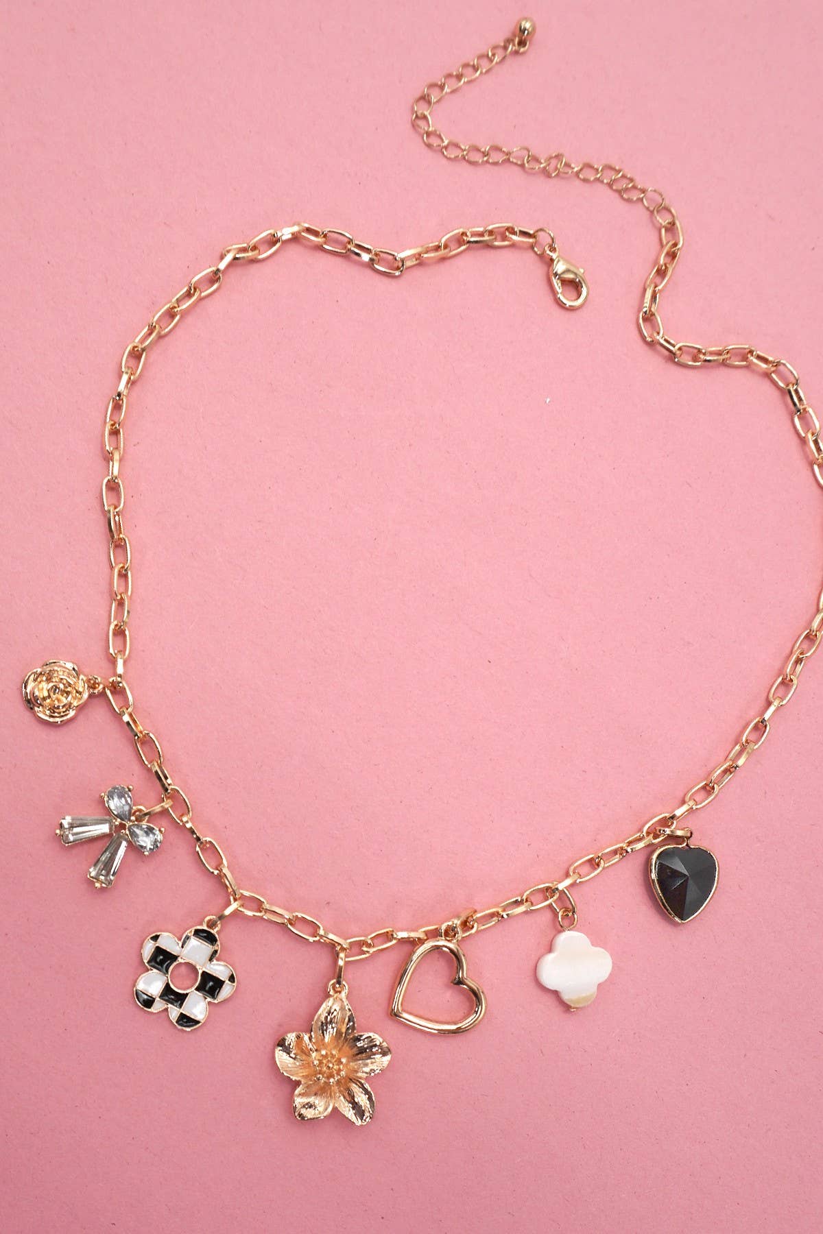CHARM NECKLACE-BOW CHECKER HEART RHINESTONE | Gold