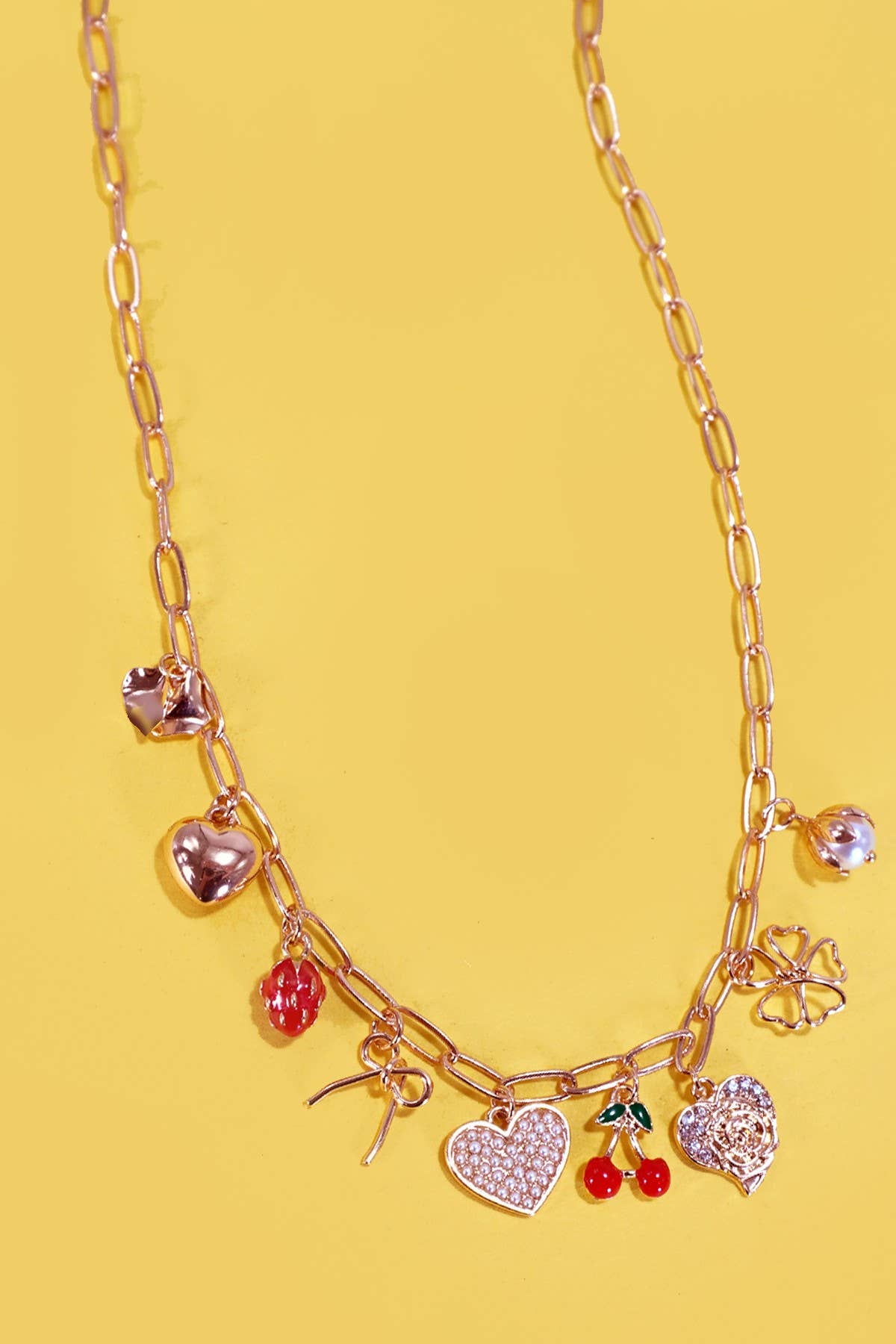 MULTI CHARM BOW CHERRY HEART NECKLACE : Gold
