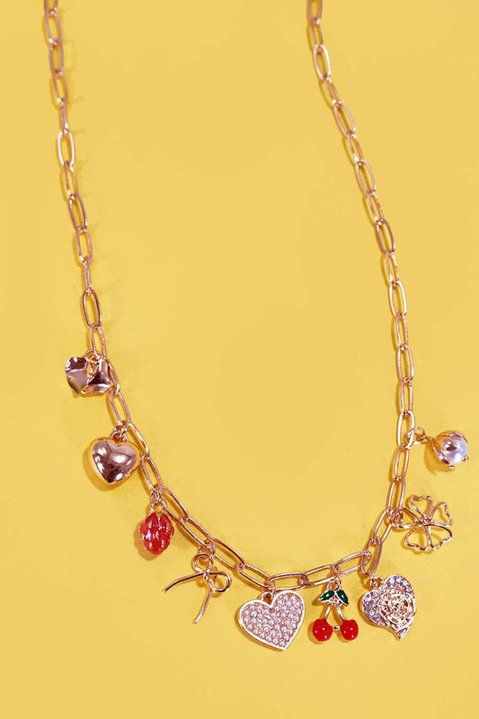 MULTI CHARM BOW CHERRY HEART NECKLACE : Gold
