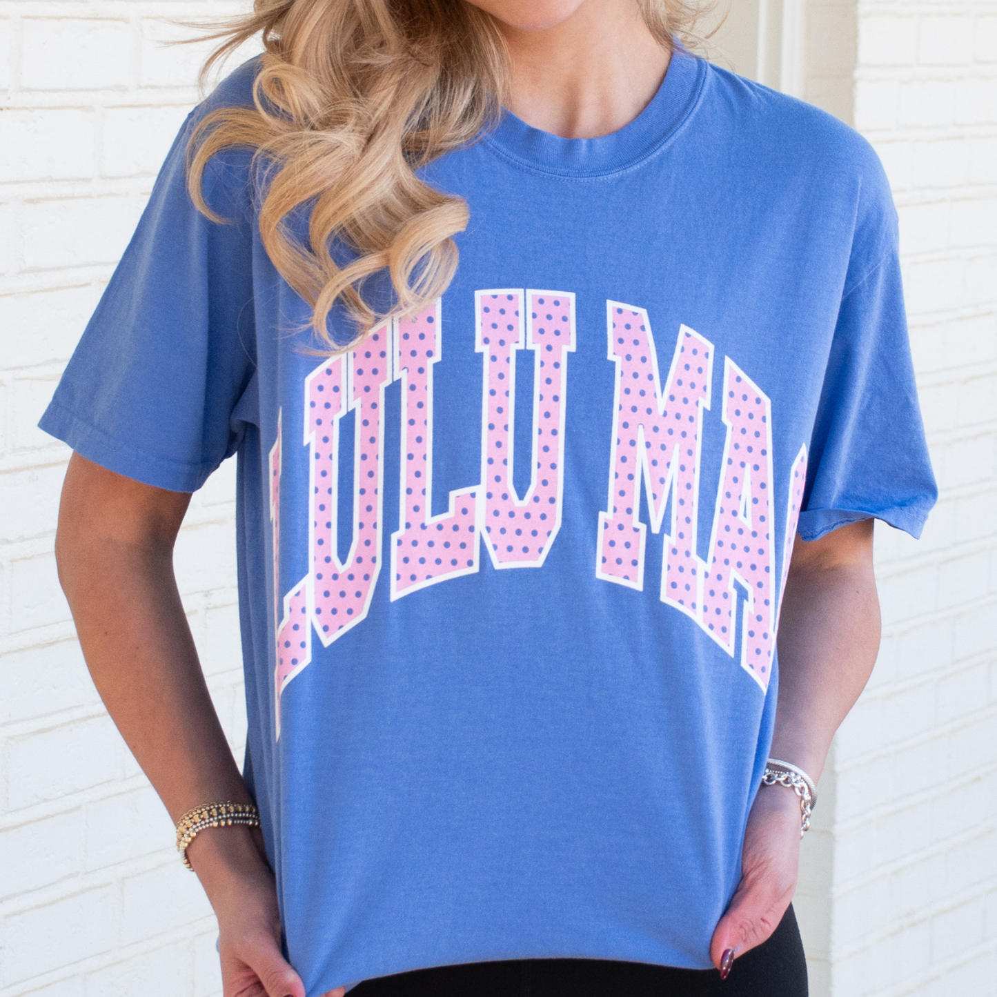 LULU MAC Polka Dot Adult Flo Blue Comfort Colors Tee