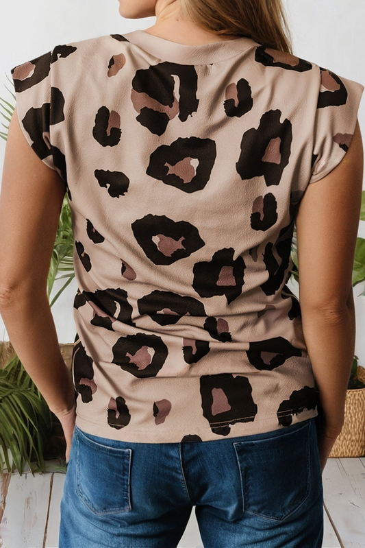 Leopard Crew Neck Cap Sleeve Casual Tee