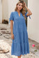 LDC Gingham Textured Bow Tie Short Sleeve Tiered Midi Dress: Dusk Blue