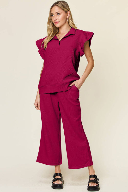 Double Take Texture Ruffle Short Sleeve Top and Drawstring Wide Leg Pants Set: Deep Rose