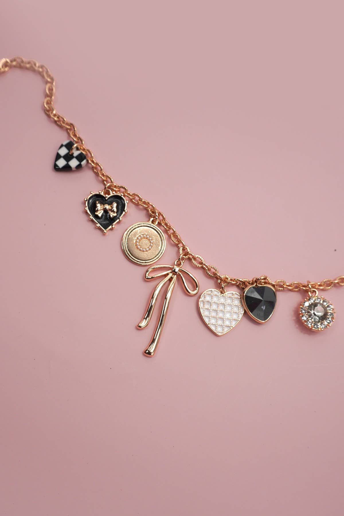 CHARM NECKLACE-BOW CHECKER HEART RHINESTONE: Gold