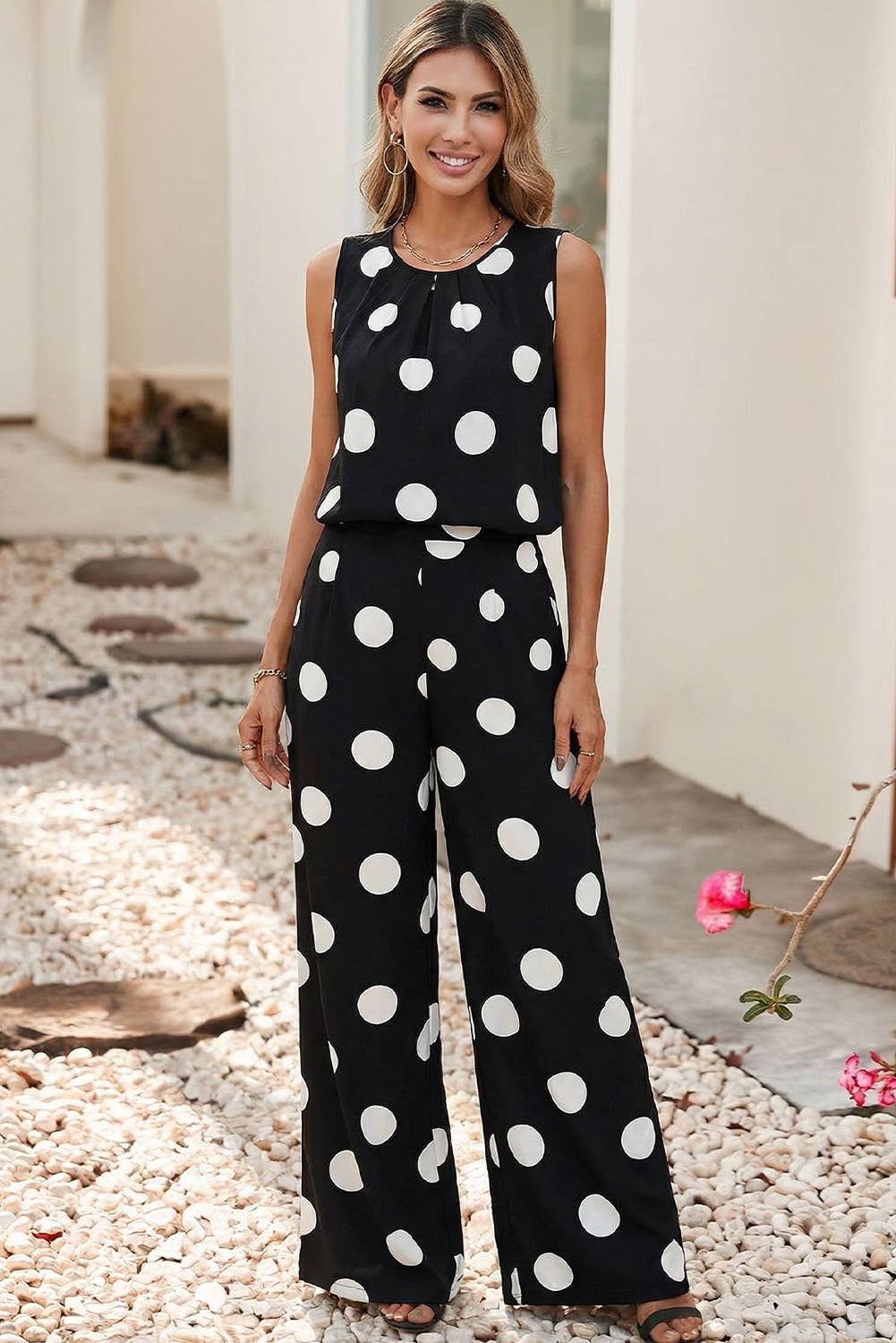 LDC Pleated Polka Dot Tank Casual Wide Leg Two-Piece Outfit: Black