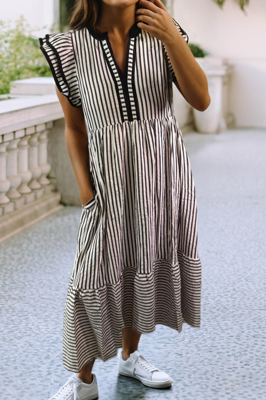 LDC Spring Ruffled Stripe Contrast Trim V Neck Dress Black Trim