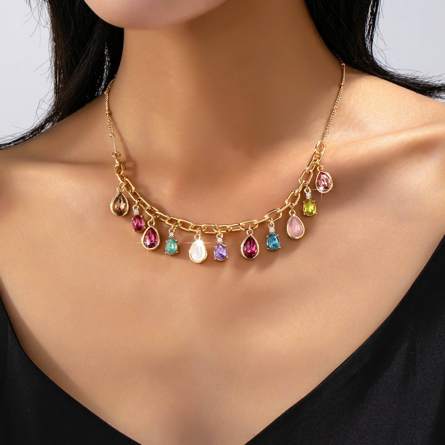 Multicolor Teardrop Crystal Charm Necklace