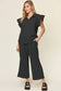 Double Take Texture Ruffle Short Sleeve Top and Drawstring Wide Leg Pants Set: Black