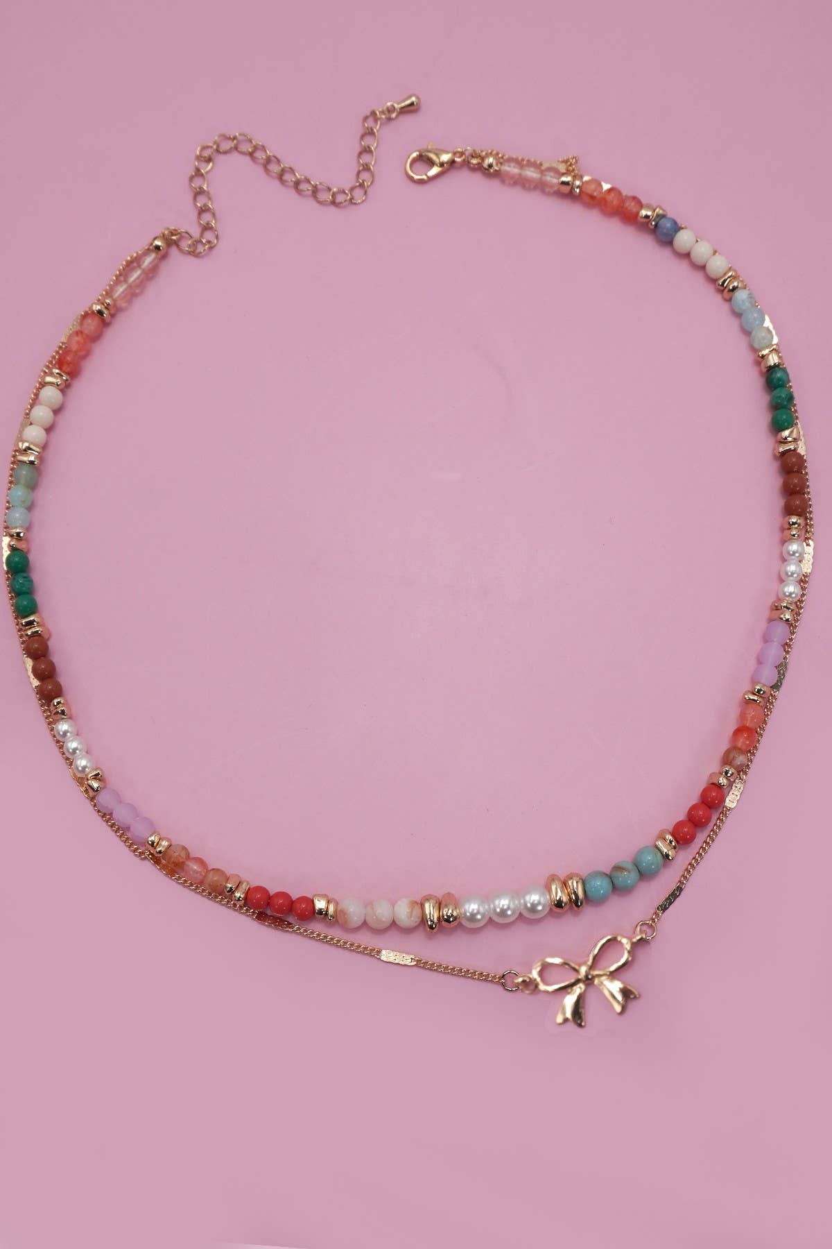 MULTI BEADED BOW CHARM DOUBLE LAYER NECKLACE | Gold