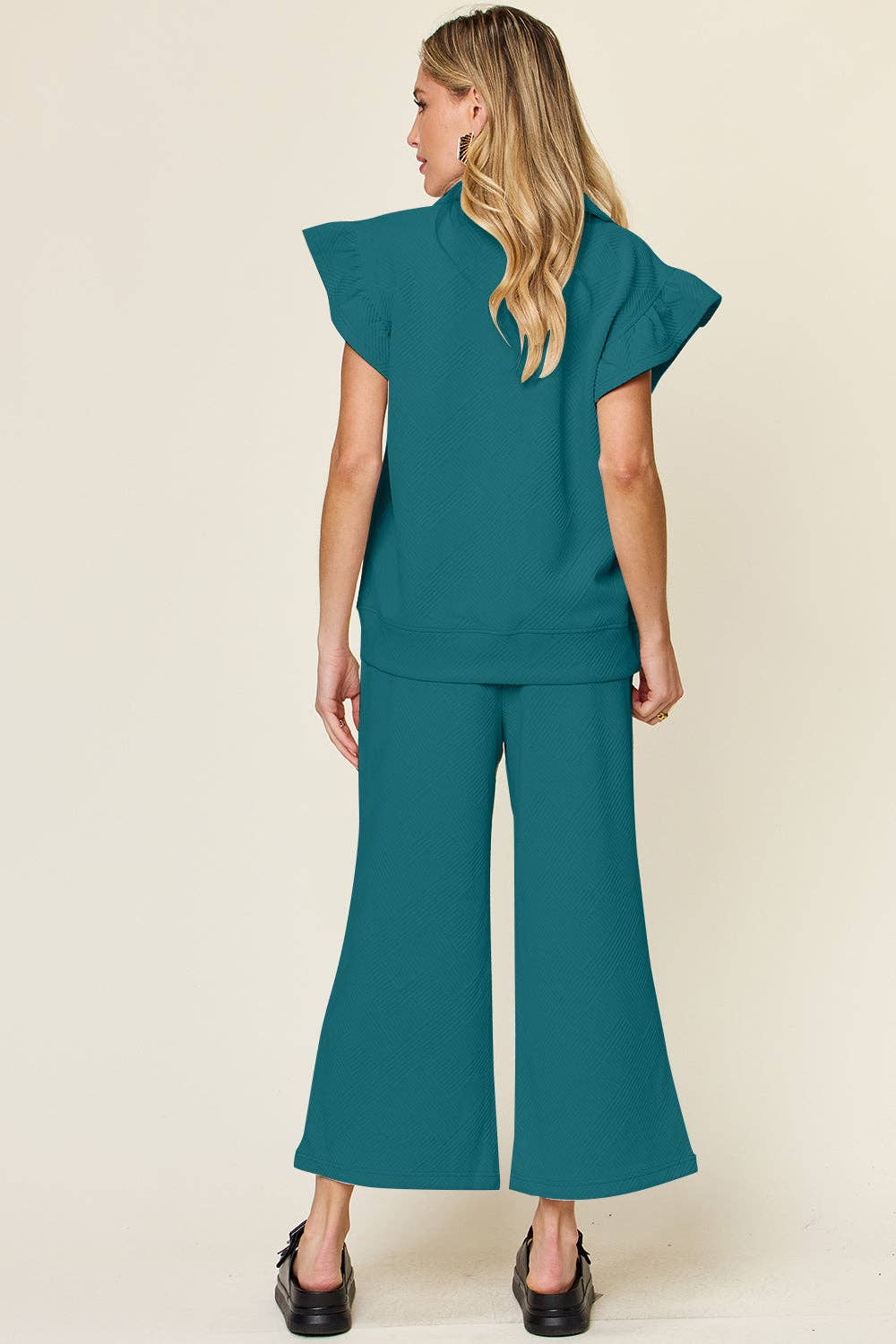 Double Take Texture Ruffle Short Sleeve Top and Drawstring Wide Leg Pants Set: Deep Teal