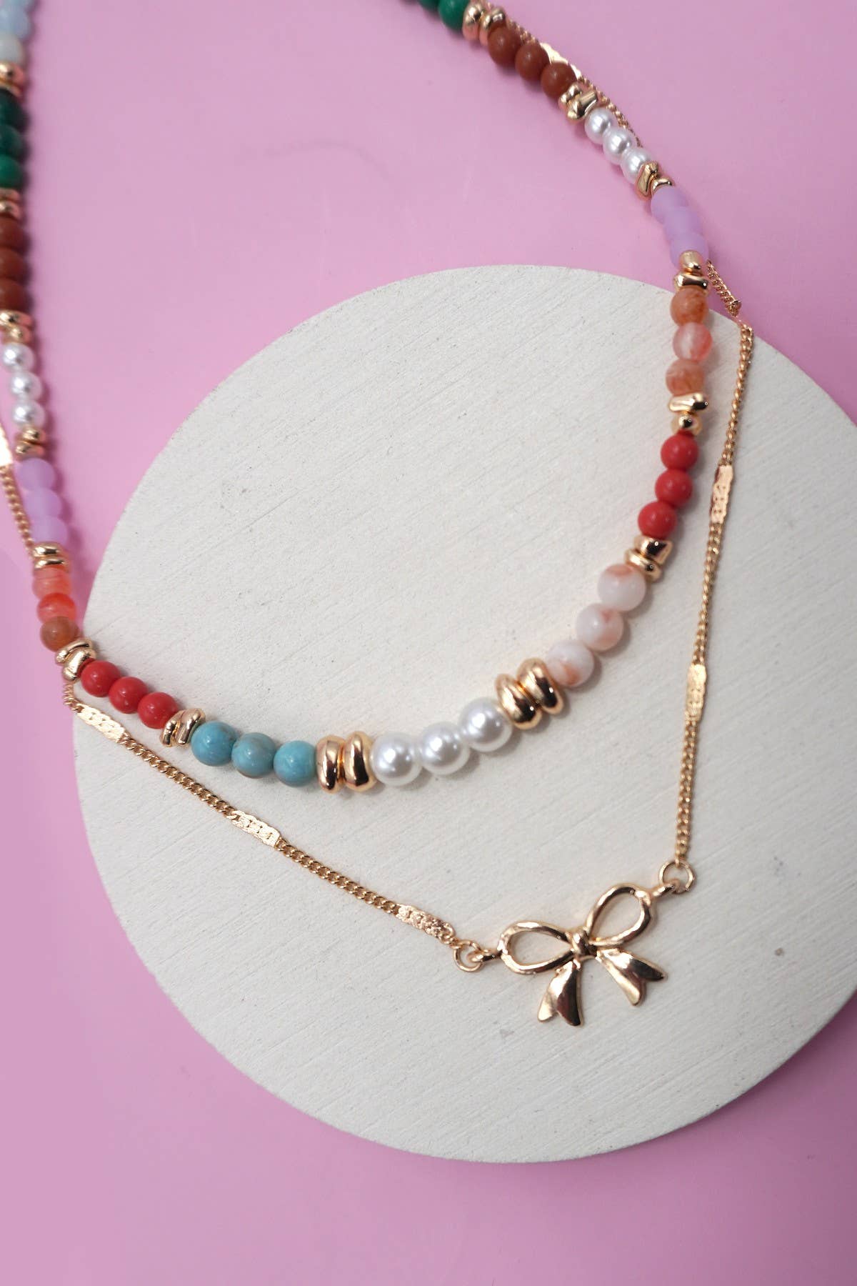 MULTI BEADED BOW CHARM DOUBLE LAYER NECKLACE | Gold