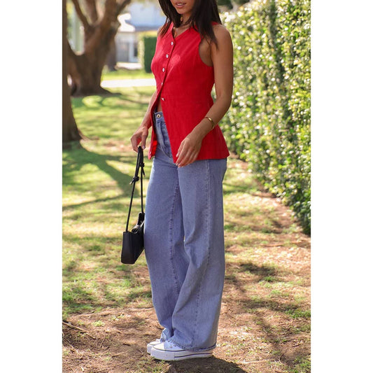 Solid V Neck Button Down Pockets Fit Vest: Red