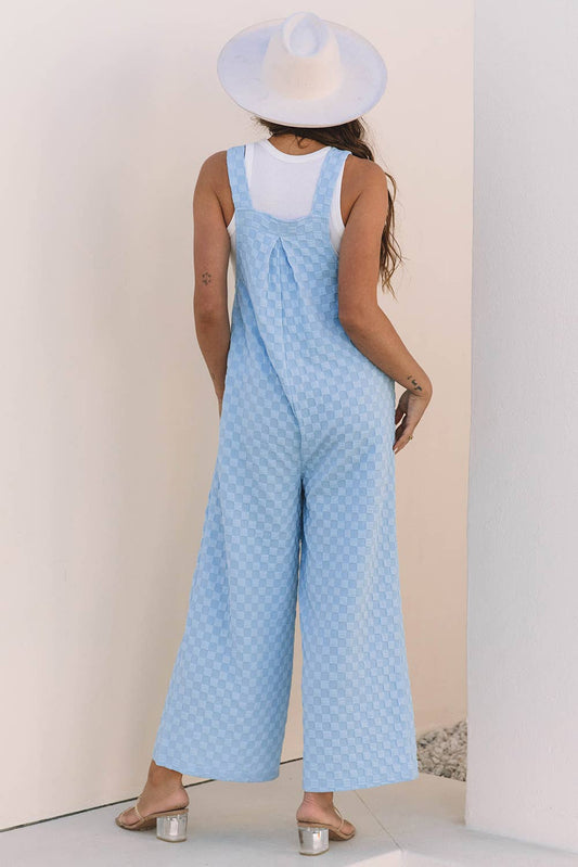 LDC Checkered Pocketed High Waist Wide Leg Overall: Blue