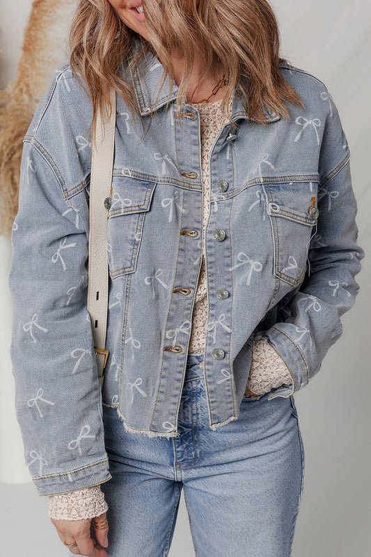 Bow Knot Print Light Wash Raw Hem Denim Jacket