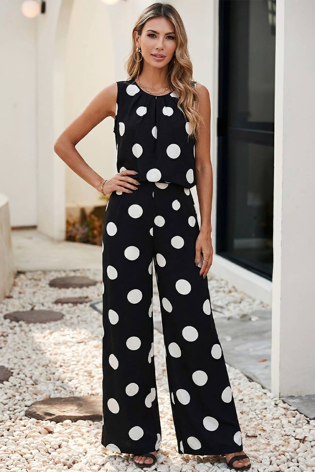 LDC Pleated Polka Dot Tank Casual Wide Leg Two-Piece Outfit: Black