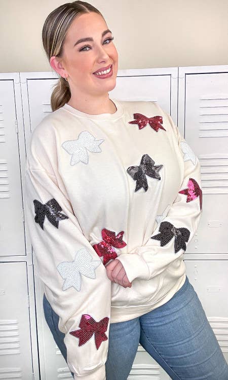 Sparkle Sequin Bow Graphic Sweatshirt: Natural