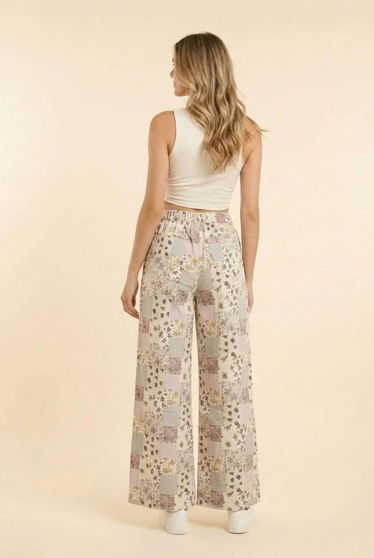 Floral Patchwork Wide Leg Denim Pants: PALE ROSE