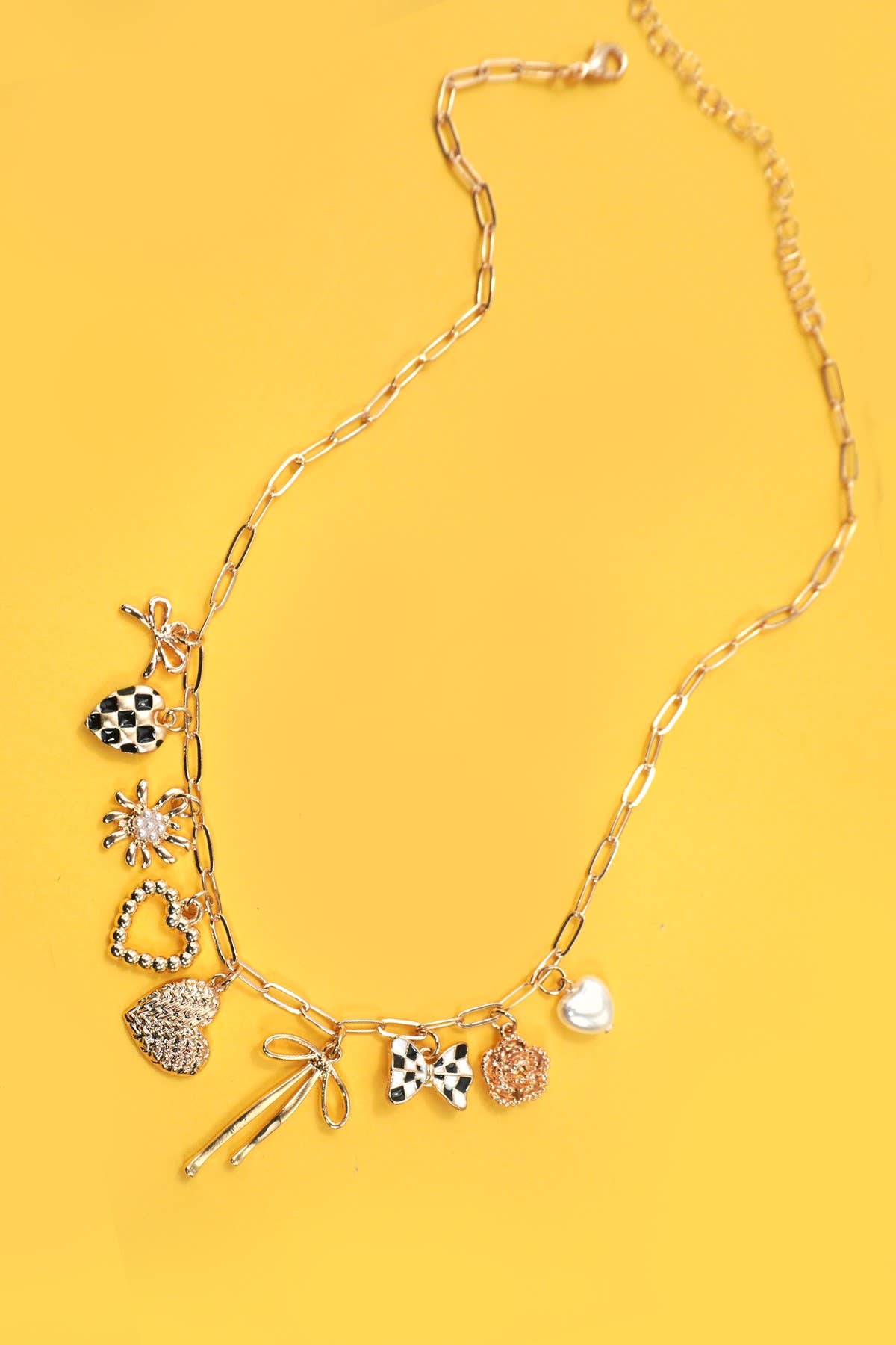 CHARM NECKLACE-BOW CHECKER HEART FLORAL: GOLD