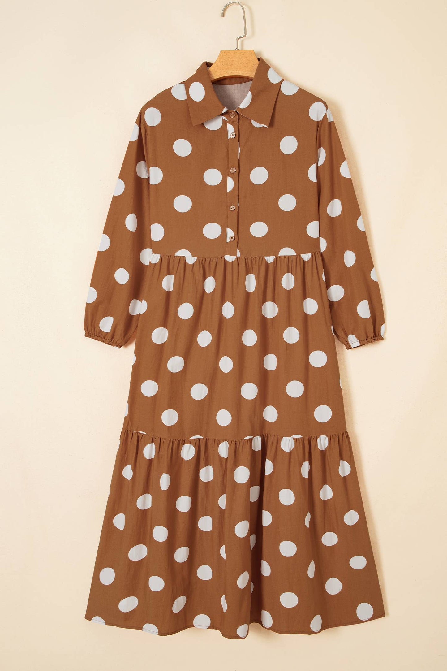 LDC Casual Long Sleeve Polka Dot Pockets Shift Dress : Brown