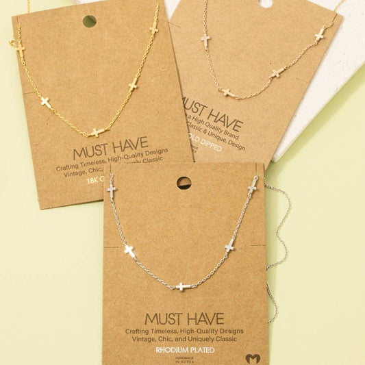 Gold Dipped Dainty Cross Station Necklace: G