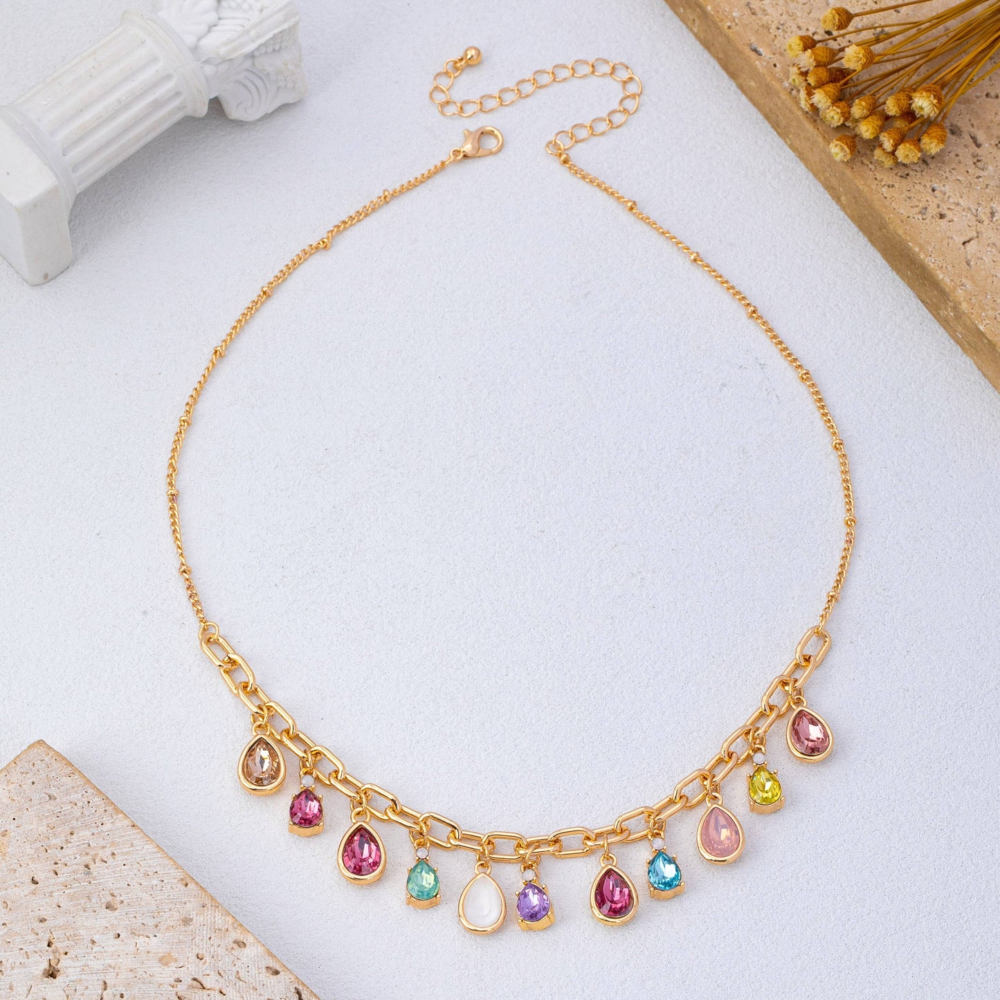 Multicolor Teardrop Crystal Charm Necklace