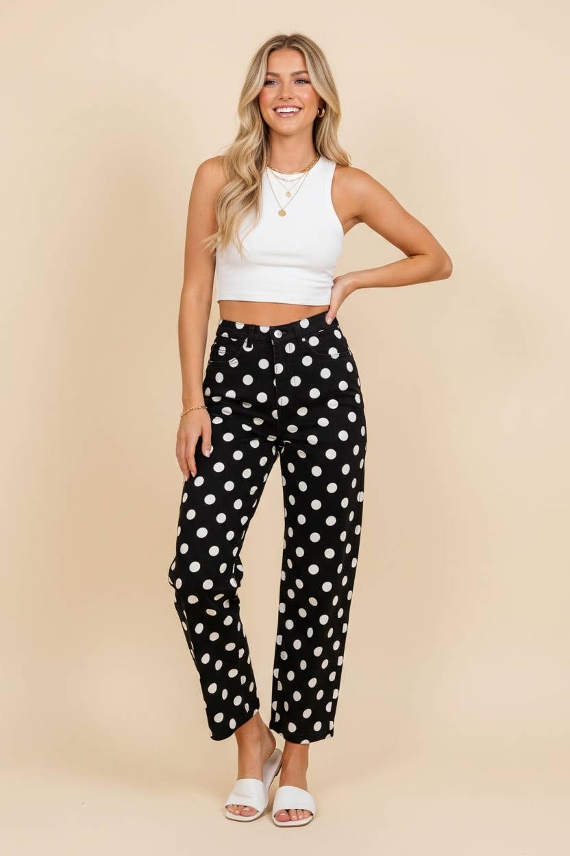 Polka Dot High Rise Straight Leg Pants: Black/White