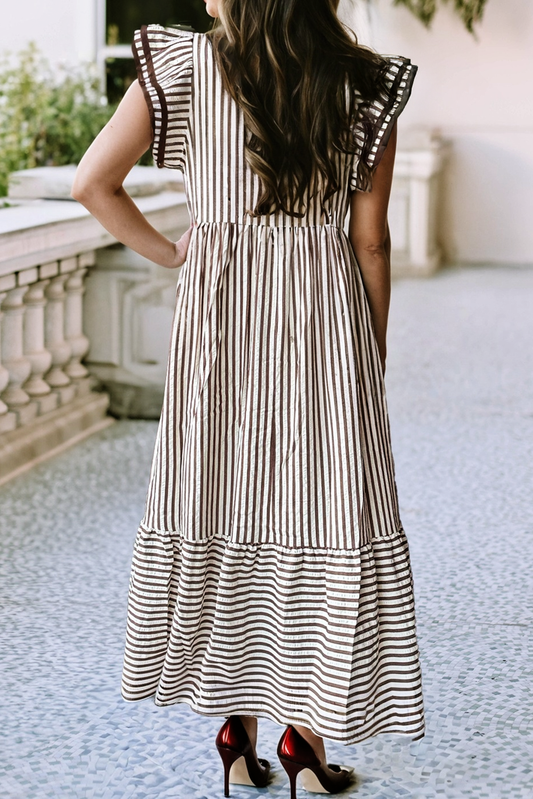 LDC Spring Ruffled Stripe Contrast Trim V Neck Dress Black Trim