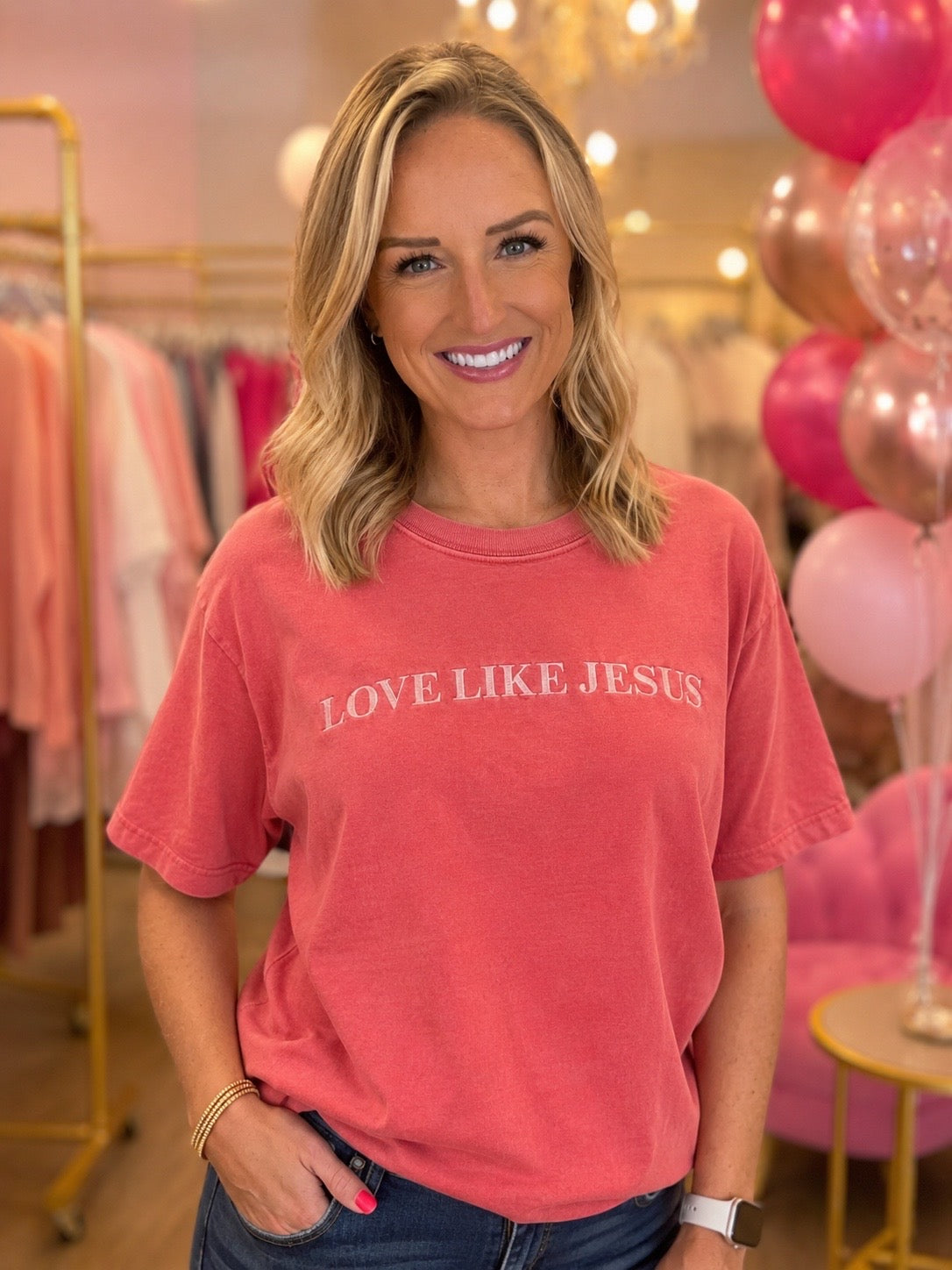 Embroidered Christian Tee Love Like Jesus - Watermelon