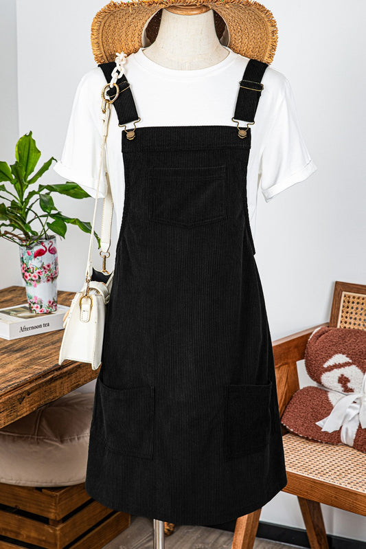 Black Front Pocket Sleeveless Corduroy Overall Dress