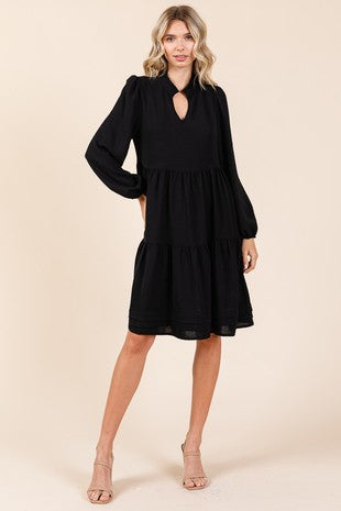 Black V Neck Long Sleeve Tiered Ruffle Hem Dress