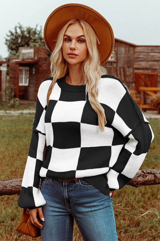 Black and White Checkered Bishop Sleeve Sweater