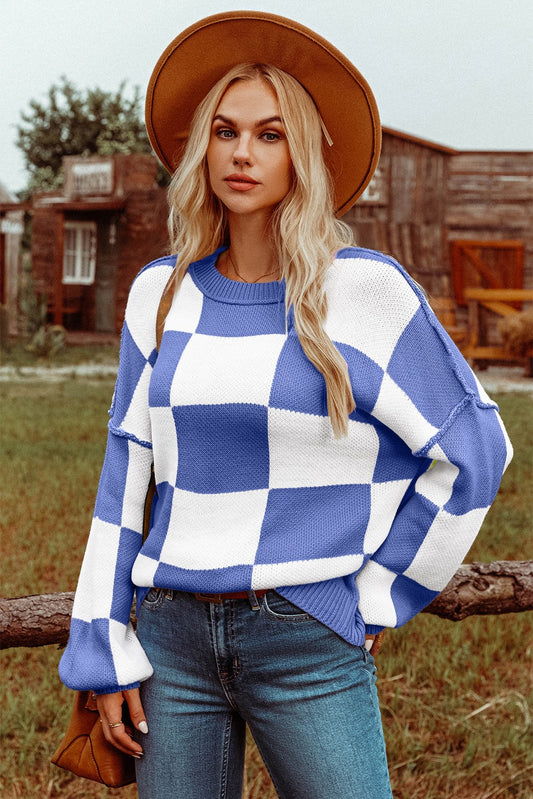 Blue and White Checkered Bishop Sleeve Sweater