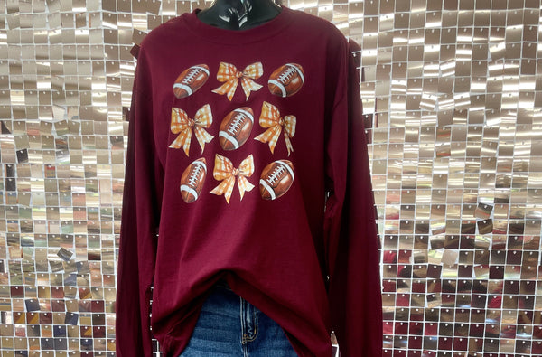 Fall Footballs and Bows/ Long Sleeve/ Maroon