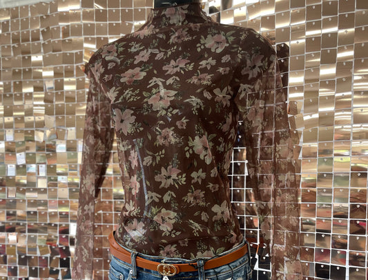 Brown Floral Mesh/ Long Sleeve