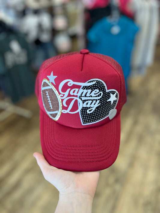 Game Day Football Patch Trucker Hat: Solid Maroon