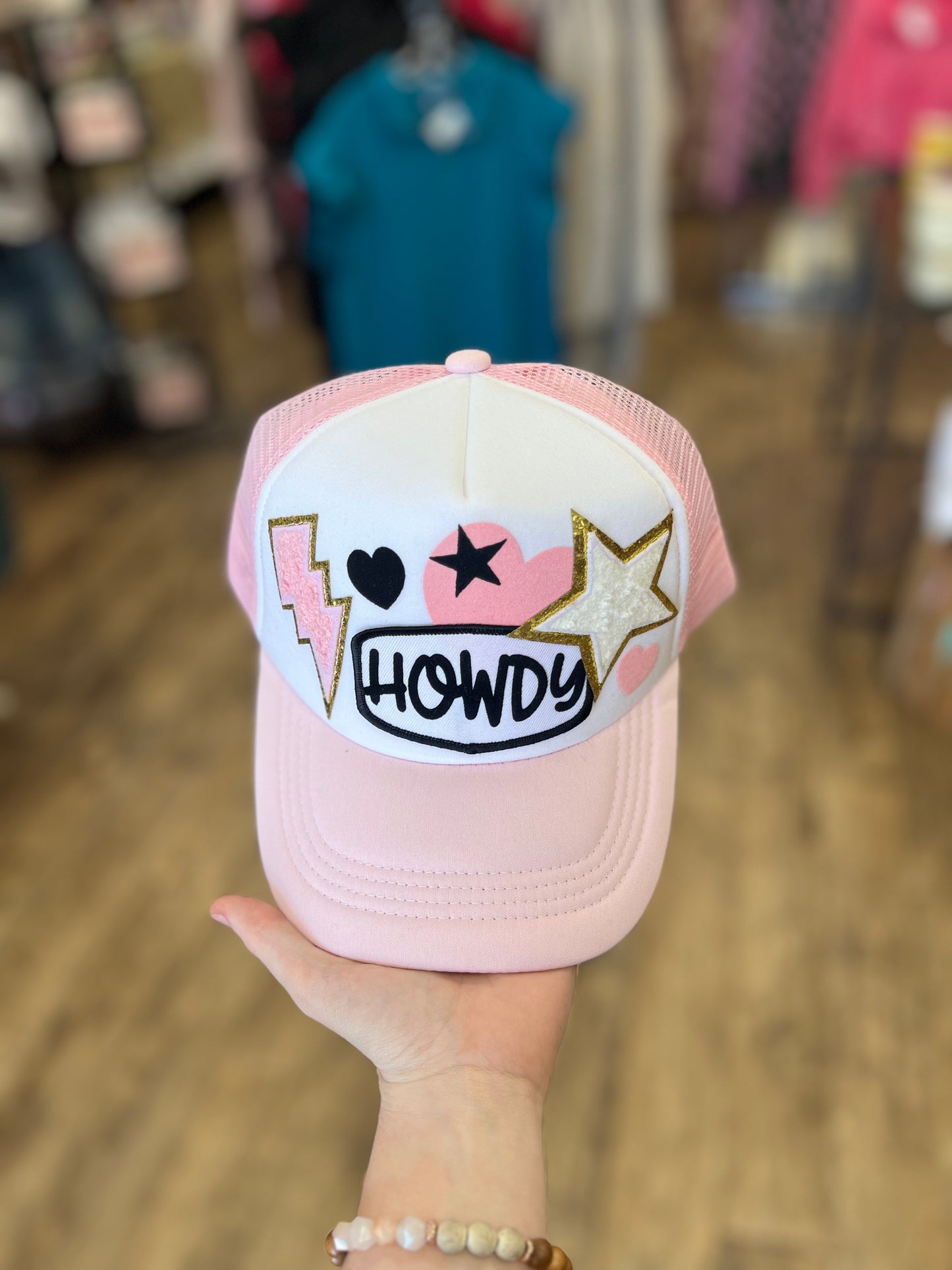 Howdy Patch Trucker Hat: White/Pink