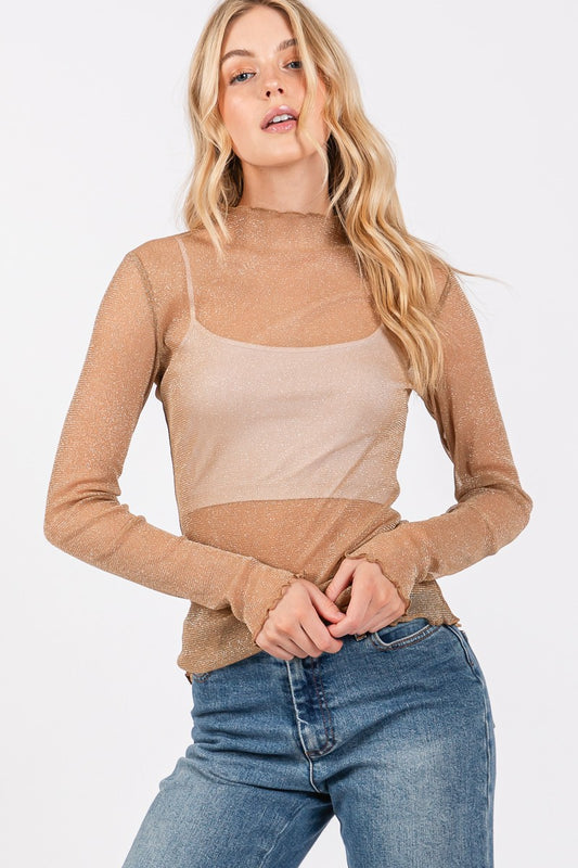 Metallic Mesh Long Sleeve Top