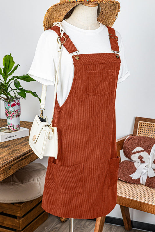 Orange Front Pocket Sleeveless Corduroy Overall Dress